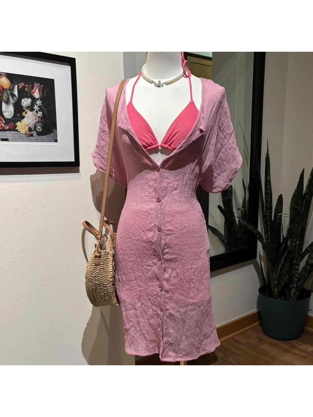 Pink Button Front Swim Cover Up Midi Dress Coastal Euro Summer